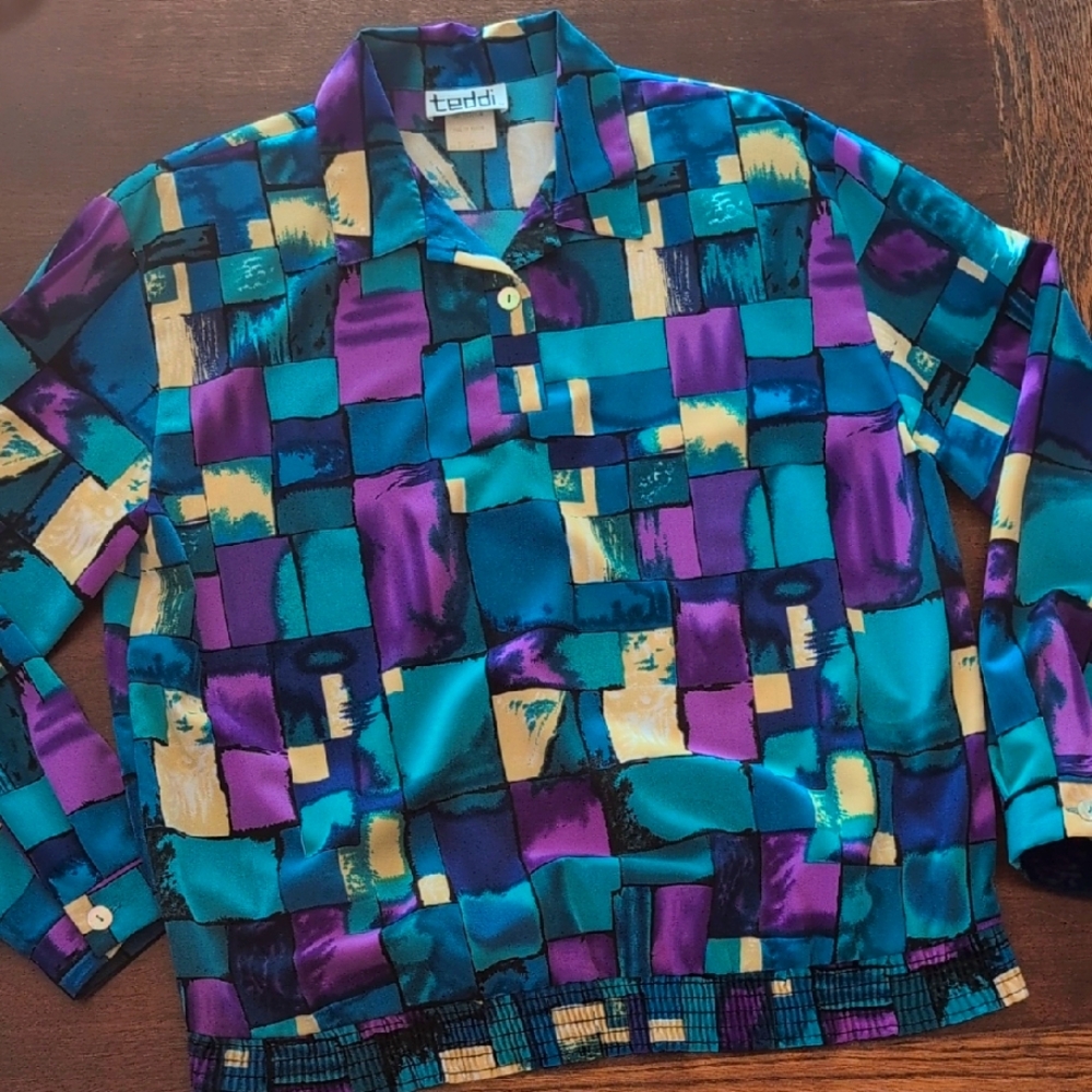 1980s Geometric Abstract Womens Top XL Vintage Teddi Volup